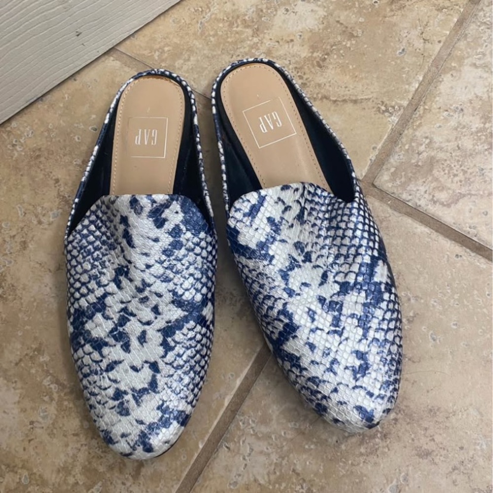 GAP Blue and White Snakeskin Mules